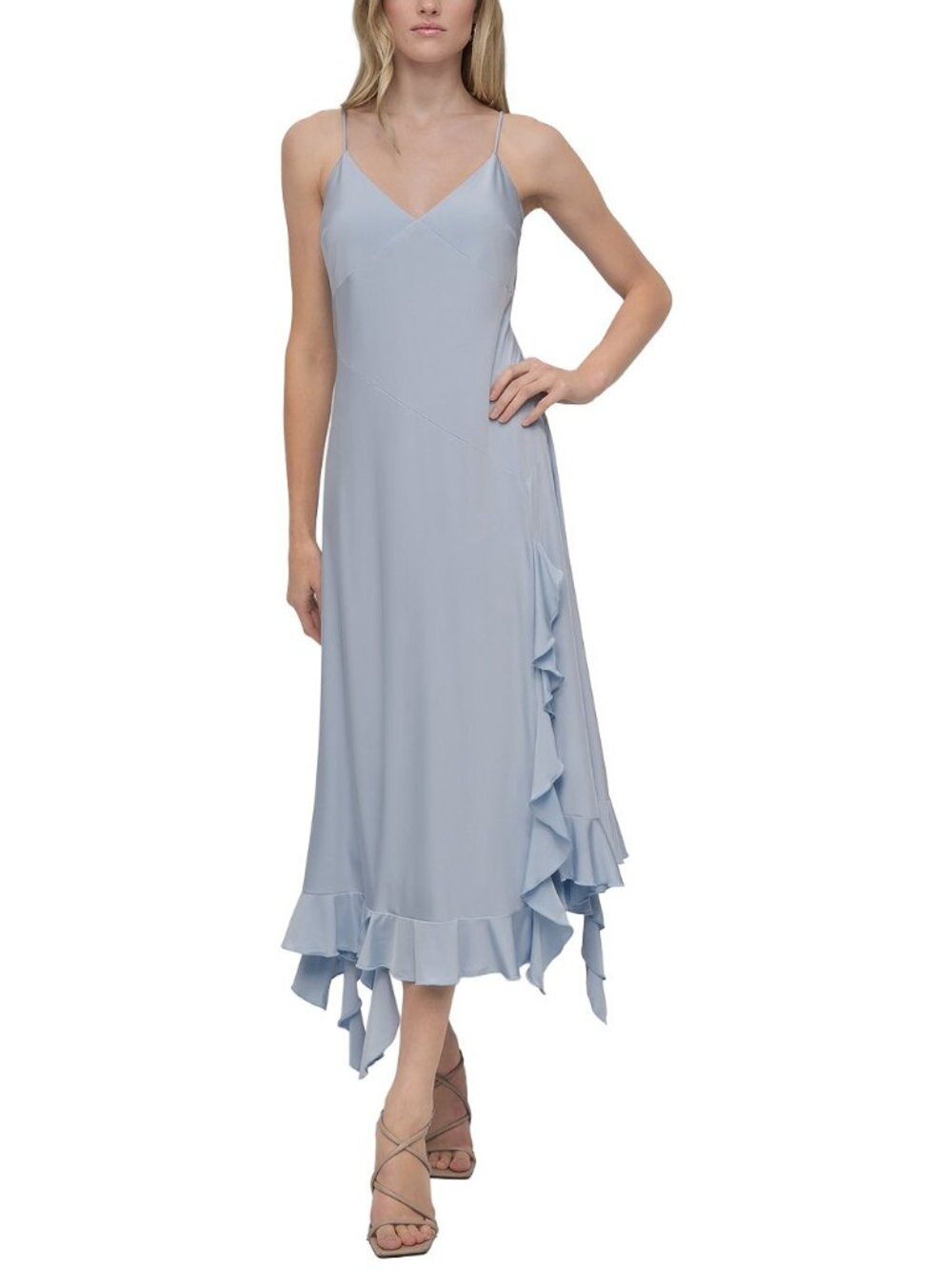 DKNY Women's Ruffled-Hem Midi Slip Dress Skyway Blue Size 10